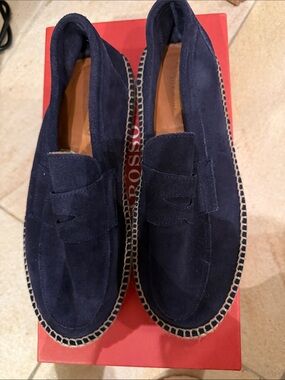 Navy Suede Slip-On Loafers with Espadrille Stitching